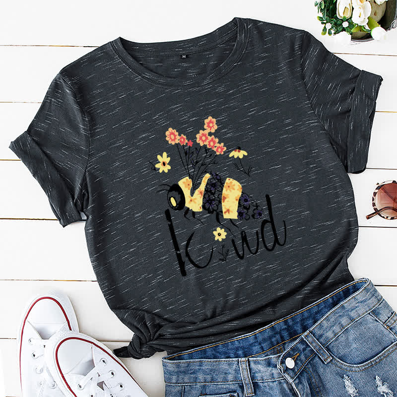 T-shirt à manches courtes à imprimé floral et abeilles créatives grande taille - Gris et blanc - 5XL - image 4