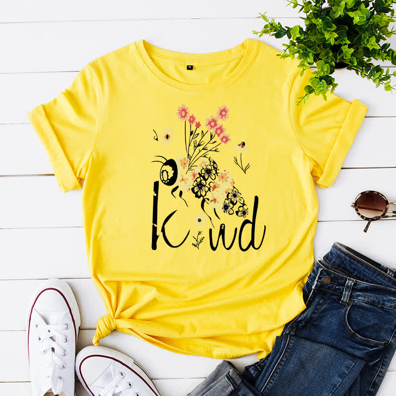 T-shirt à manches courtes à imprimé floral et abeilles créatives grande taille - Jaune - 5XL - image 2
