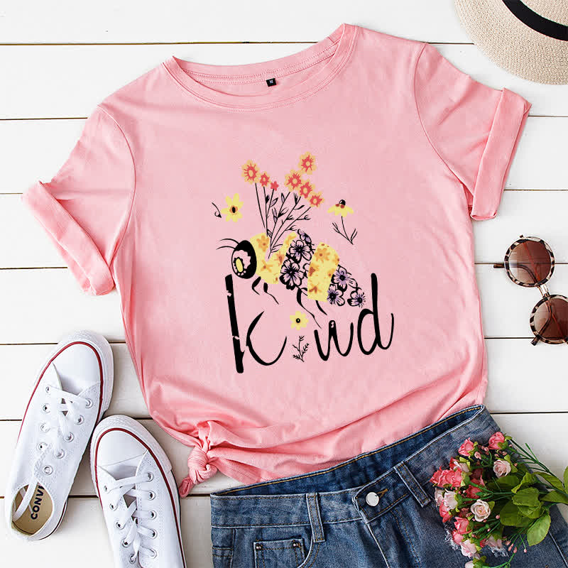 T-shirt à manches courtes à imprimé floral et abeilles créatives grande taille - Rose - 5XL - image 7