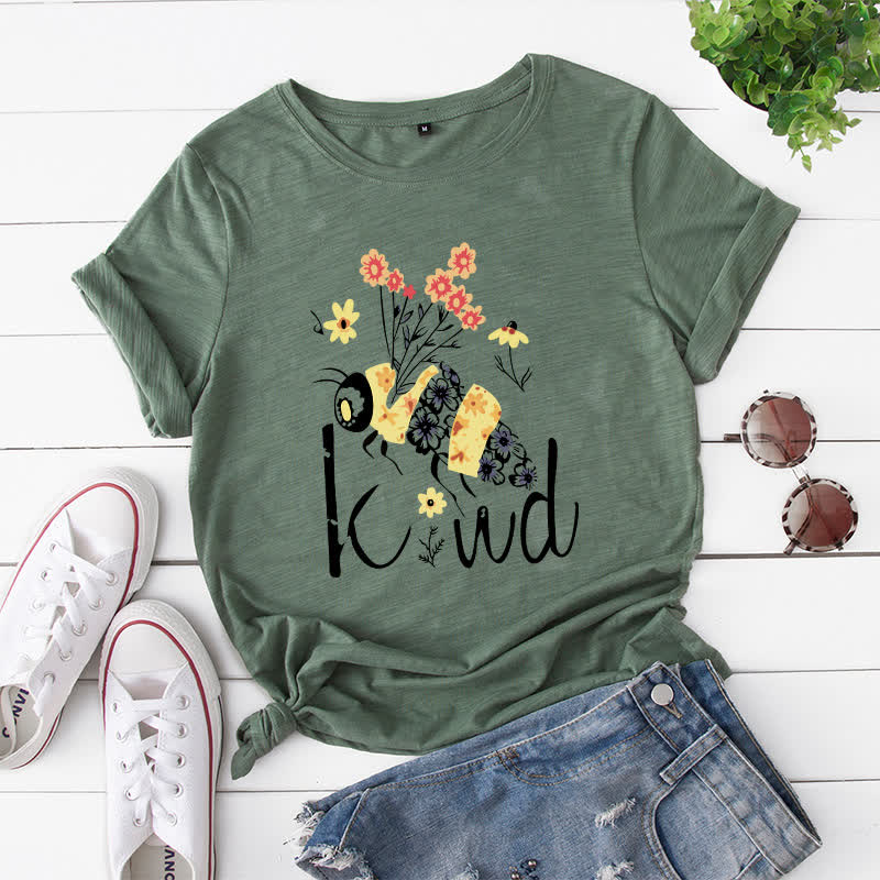 T-shirt à manches courtes à imprimé floral et abeilles créatives grande taille - Vert armée - 5XL - image 6
