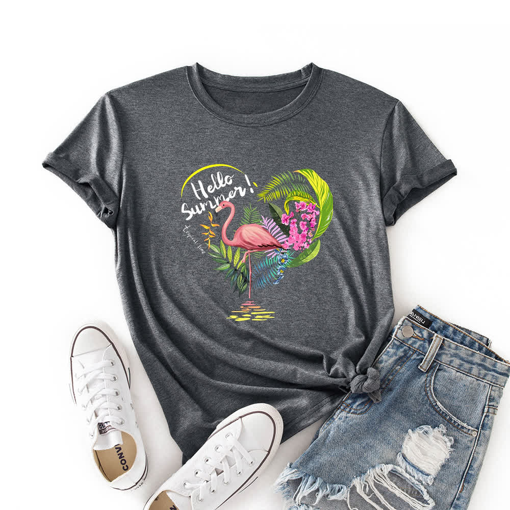 T-shirt à manches courtes imprimé flamant rose et cœur grande taille