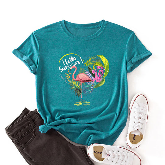 T-shirt à manches courtes imprimé flamant rose et cœur grande taille - Bleu - 3XL - image 0