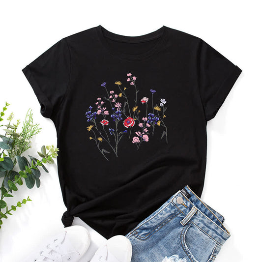 T-shirt à manches courtes imprimé floral grande taille - Noir - 5XL - image 1