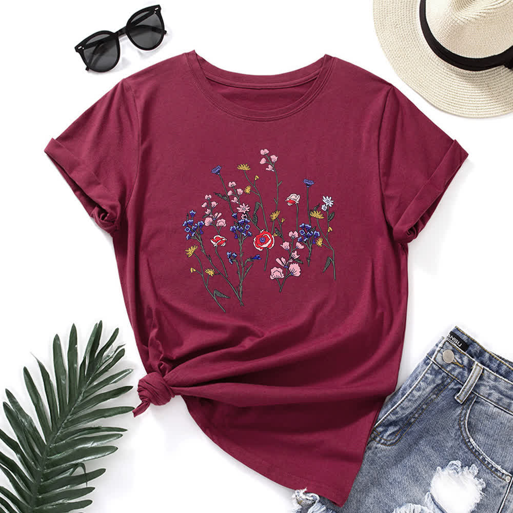T-shirt à manches courtes imprimé floral grande taille - Vin - 5XL - image 11