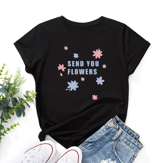 T-shirt à manches courtes et col rond à fleurs grande taille - Noir - 5XL - image 1