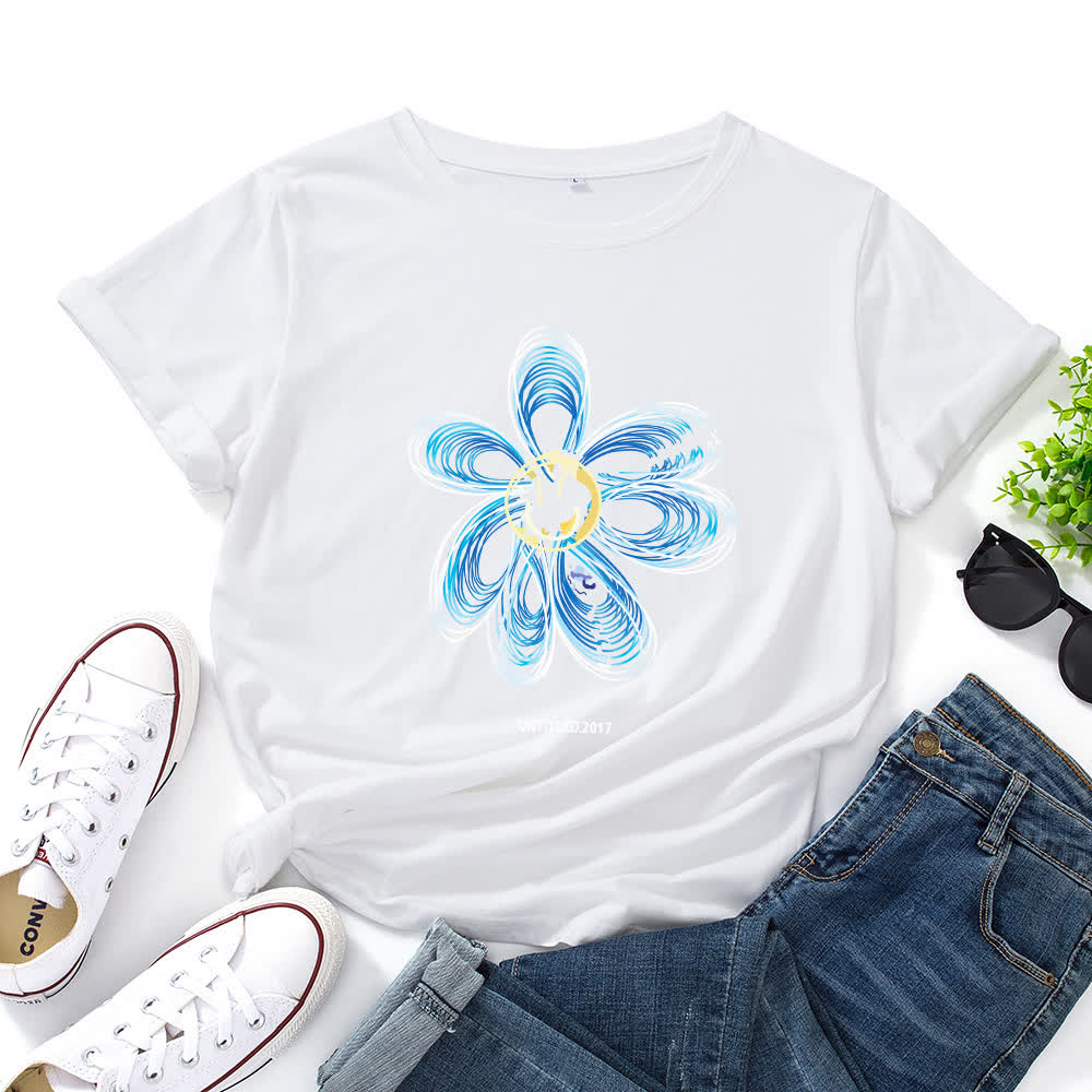 T-shirt à manches courtes à imprimé floral créatif grande taille - Blanc - 5XL - image 1