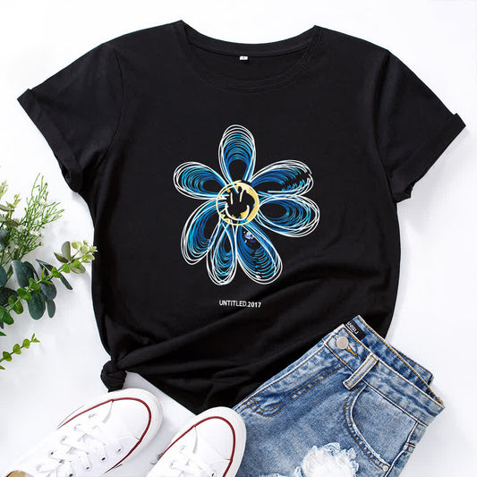 T-shirt à manches courtes à imprimé floral créatif grande taille - Noir - 5XL - image 1