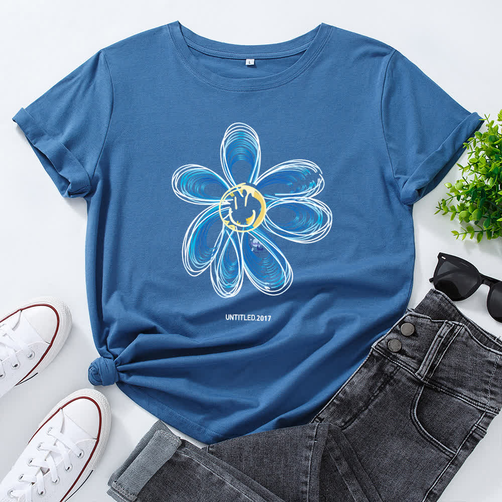 T-shirt à manches courtes à imprimé floral créatif grande taille - Bleu royal - 5XL - image 3