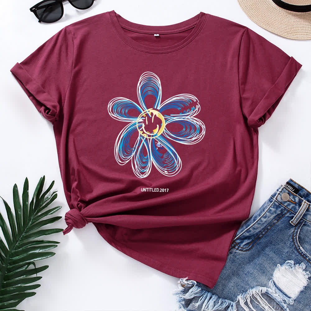 T-shirt à manches courtes à imprimé floral créatif grande taille - Vin - 5XL - image 11