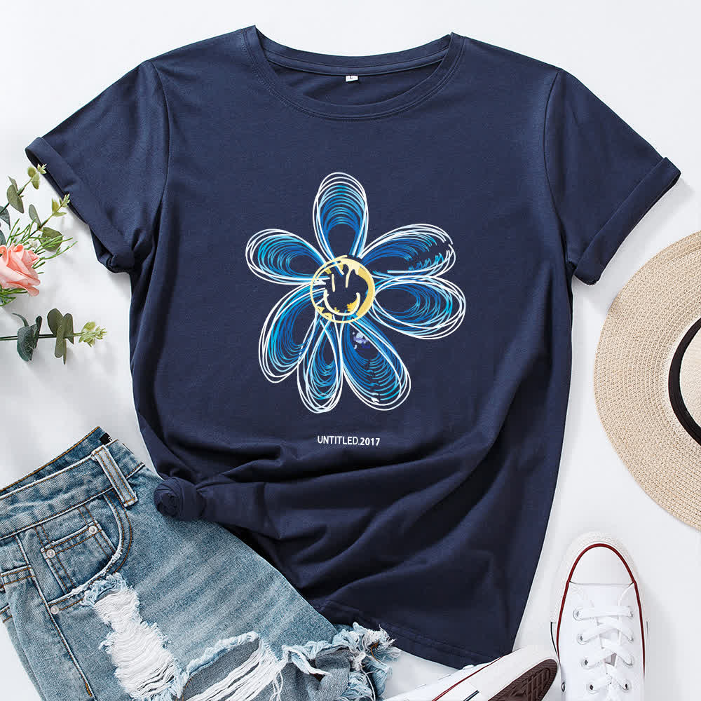 T-shirt à manches courtes à imprimé floral créatif grande taille - Bleu marine - 5XL - image 8