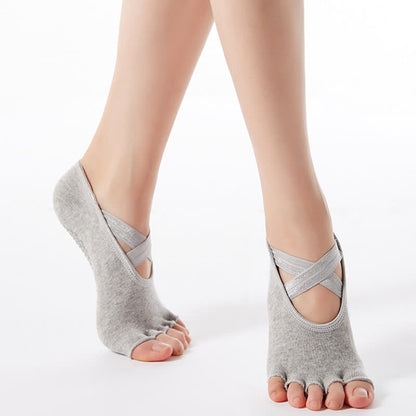 Chaussettes antidérapantes en coton à brides croisées et bout ouvert (6 paires) - Gris clair - EU35-40 (US4-7) - image 8