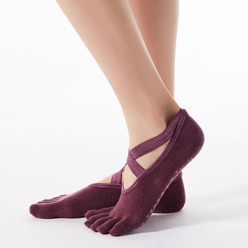 Chaussettes antidérapantes en coton à brides croisées et cinq orteils (4 paires) - Vin - EU35-40 (US4-7) - image 1