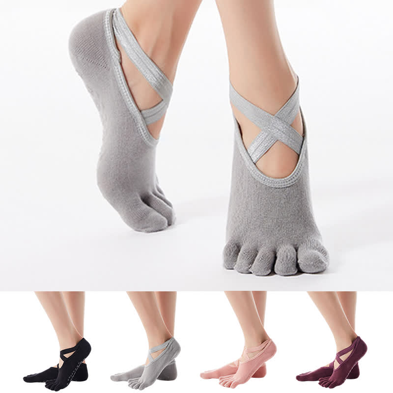 Chaussettes de sol antidérapantes en coton à cinq orteils et brides croisées (4 paires)