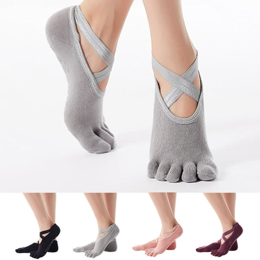 Chaussettes antidérapantes en coton à brides croisées et cinq orteils (4 paires) - Multicolore - EU35-40 (US4-7) - image 0