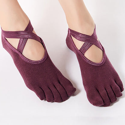 Chaussettes de sol antidérapantes en coton à cinq orteils et brides croisées (4 paires)