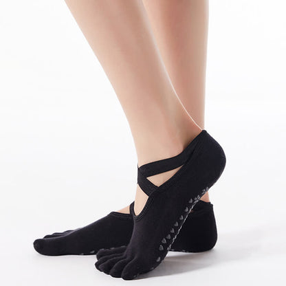 Chaussettes de sol antidérapantes en coton à cinq orteils et brides croisées (4 paires)