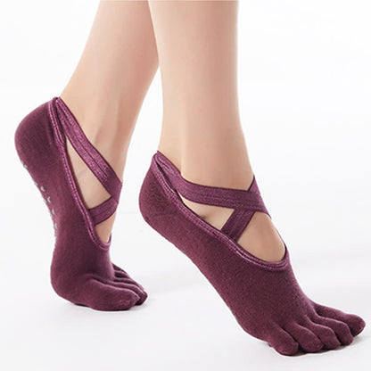 Chaussettes de sol antidérapantes en coton à cinq orteils et brides croisées (4 paires)