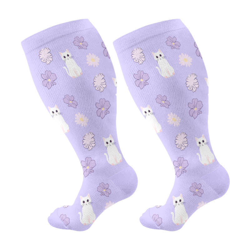 Chaussettes de compression à fleurs et chats grande taille - Violet - 4XL - image 6