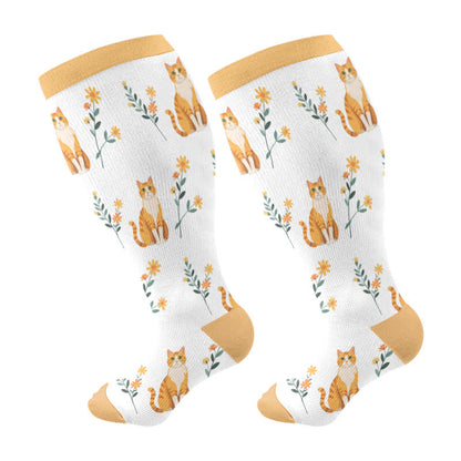 Chaussettes de compression à fleurs et chats grande taille - Jaune - 4XL - image 8