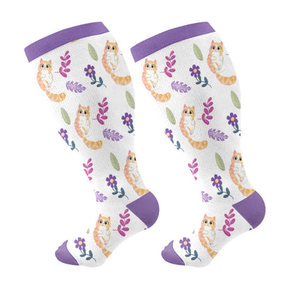 Chaussettes de compression à fleurs et chats grande taille - Blanc - 4XL - image 7