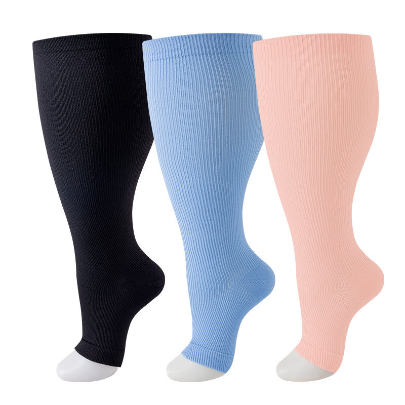 Chaussettes de compression à bout ouvert, grandes tailles, noires, bleues et roses (3 paires) - image 2
