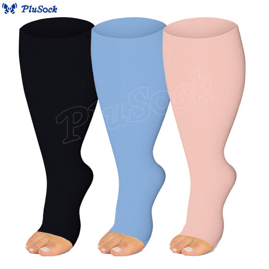 Chaussettes de compression à bout ouvert, grandes tailles, noires, bleues et roses (3 paires)