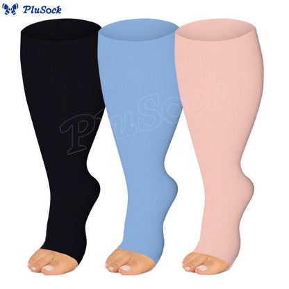 Chaussettes de compression à bout ouvert, grandes tailles, noires, bleues et roses (3 paires) - image 0