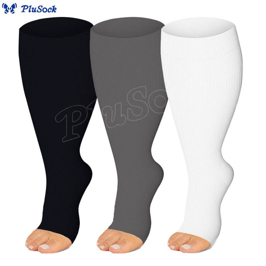 Chaussettes de compression à bout ouvert, grandes tailles, noires, blanches et grises (3 paires) - image 0