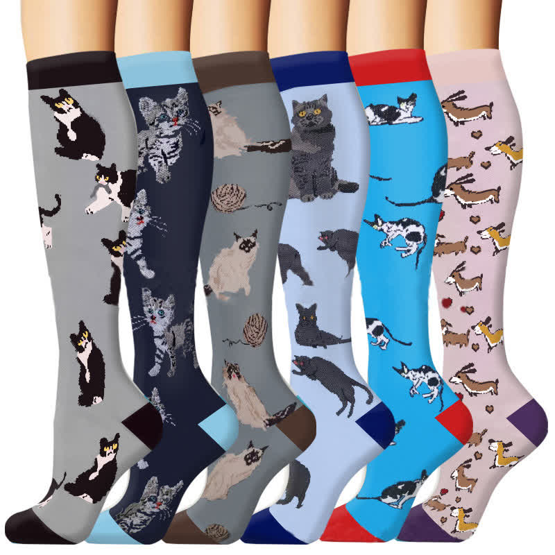 Chaussettes de compression pour course à pied à imprimé chat (6 paires) - Multicolore - L/XL - image 1