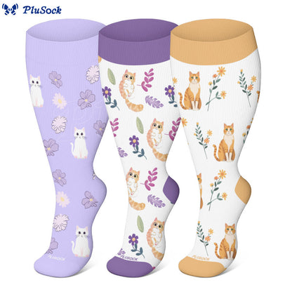 Chaussettes de compression à fleurs et chats grande taille - image 1