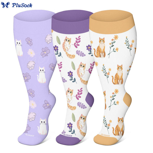 Chaussettes de compression à fleurs et chats grande taille - image 1