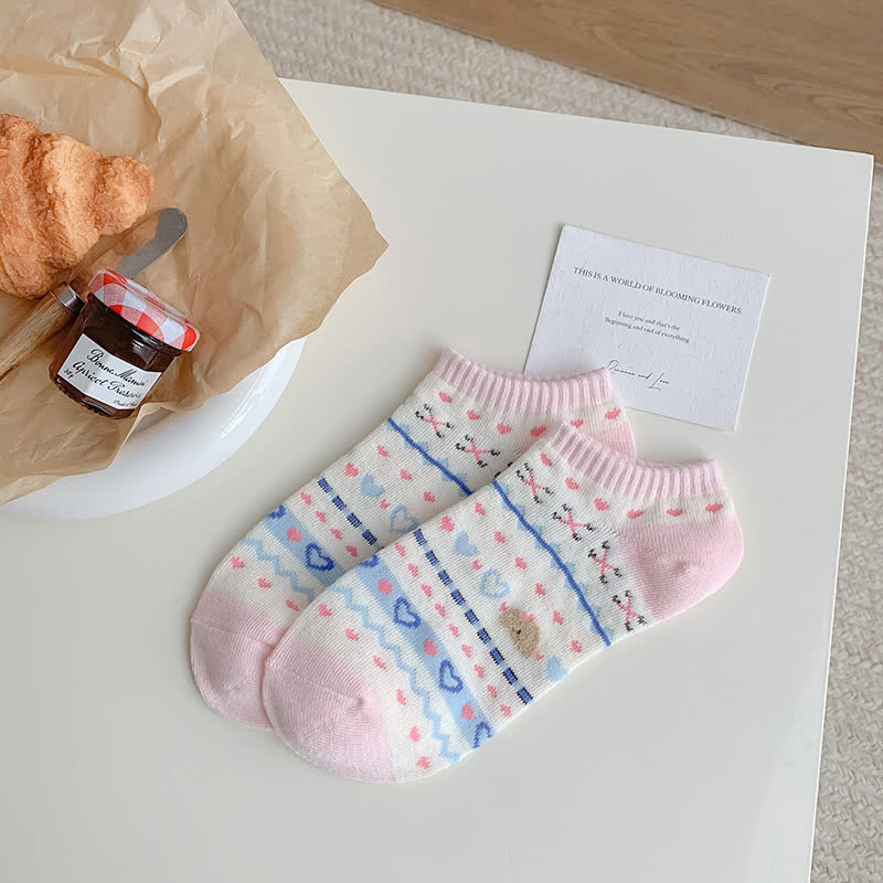 Chaussettes invisibles rayées en forme de cœur et d'ours (5 paires)