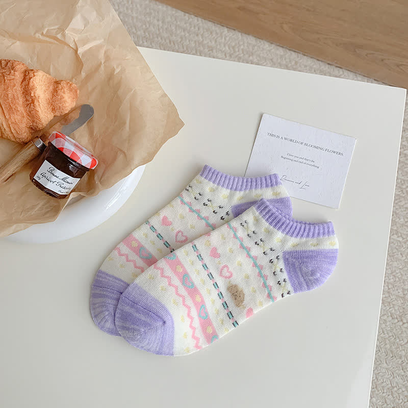 Chaussettes invisibles rayées en forme de cœur et d'ours (5 paires)