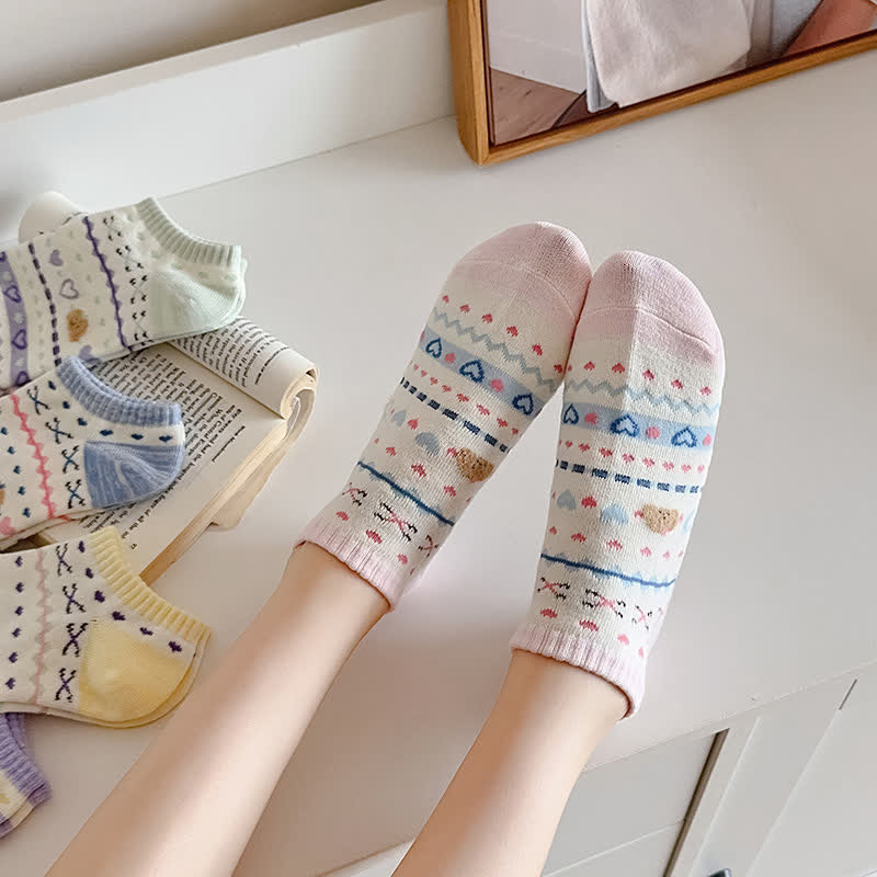 Chaussettes invisibles rayées en forme de cœur et d'ours (5 paires)