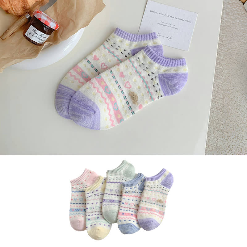 Chaussettes invisibles rayées en forme de cœur et d'ours (5 paires)