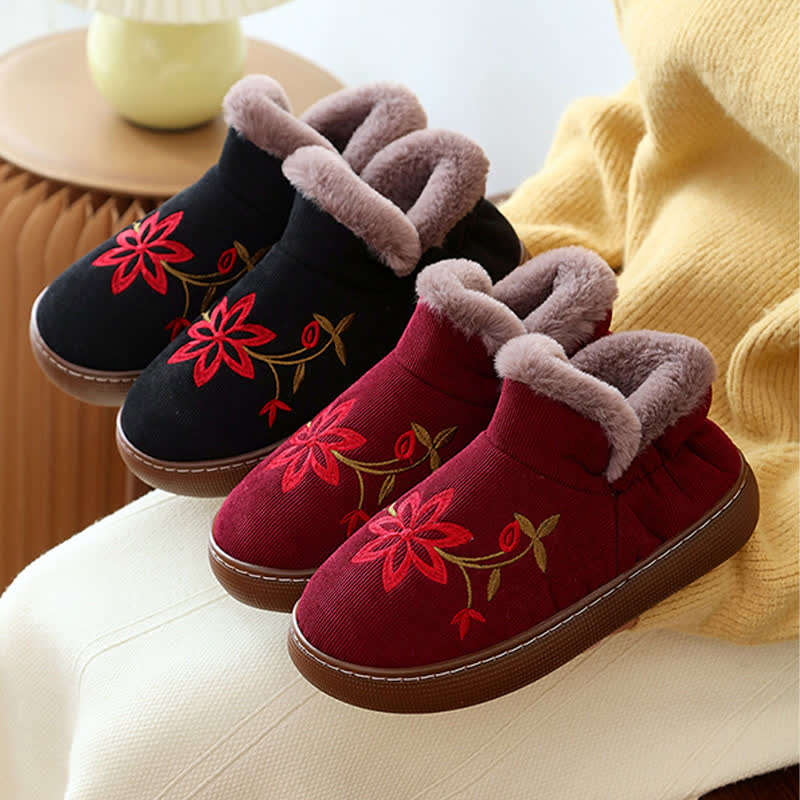 Chaussons chauds antidérapants brodés de fleurs pour la maison - image 1