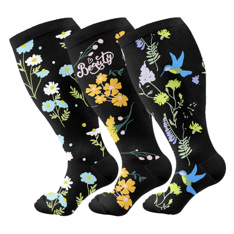 Chaussettes de compression grande taille à motif floral et oiseaux (3 paires) - Multicolore - 4XL - image 4