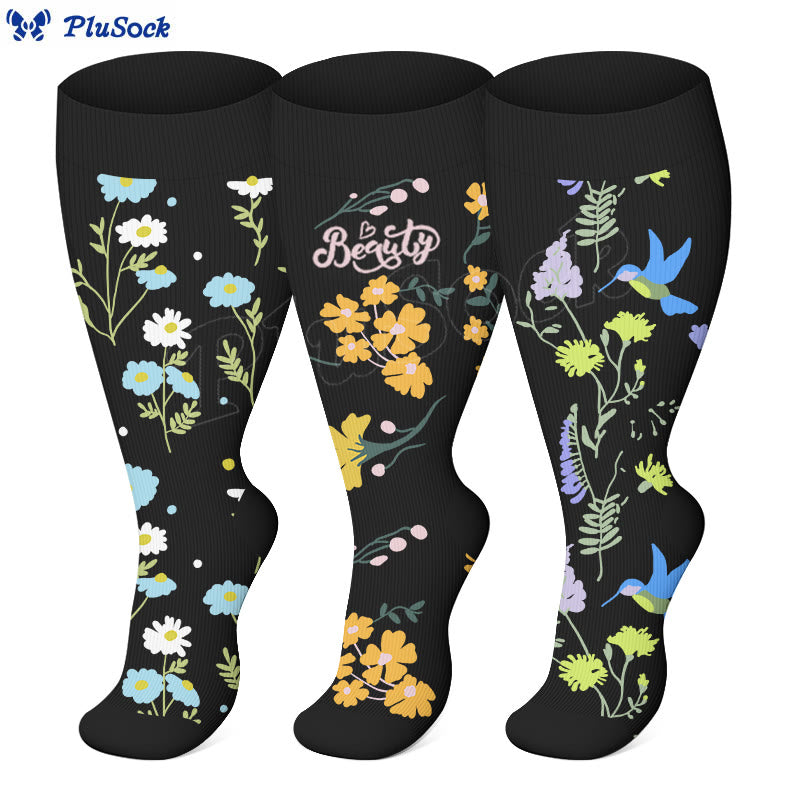 Chaussettes de compression grande taille à motif floral et oiseaux (3 paires) - image 0
