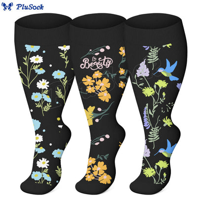 Chaussettes de compression grande taille à motif floral et oiseaux (3 paires) - image 0