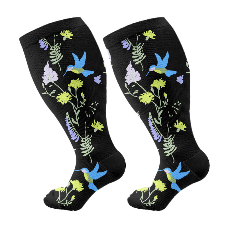 Chaussettes de compression grande taille à motif floral et oiseaux (3 paires) - B - 4XL - image 7