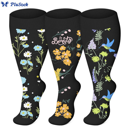 Chaussettes de compression grande taille à motif fleurs et oiseaux peints - image 0