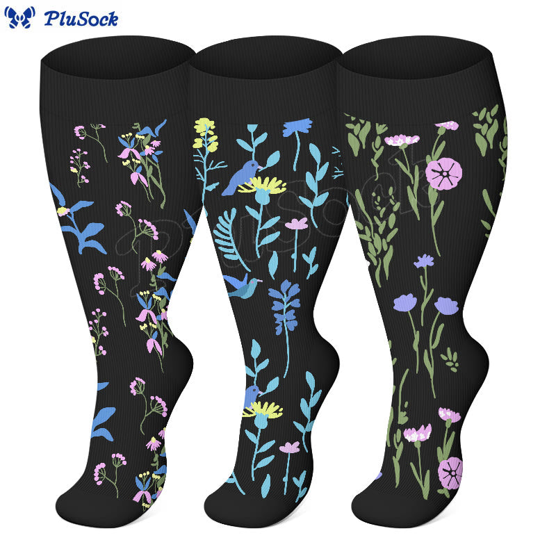 Chaussettes de compression grandes tailles à fleurs peintes - image 0