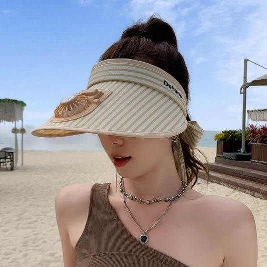 Chapeau de soleil à visière ventilée rechargeable à ruban rayé - Kaki - One Size - image 0