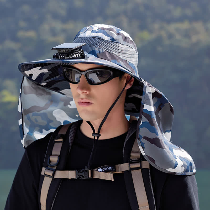 Bob camouflage avec rabat de nuque et ventilateur rechargeable - Bleu - One Size - image 3