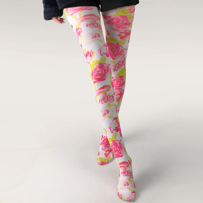 Collants blancs à imprimé floral papillon vintage - UN - Une taille - image 1