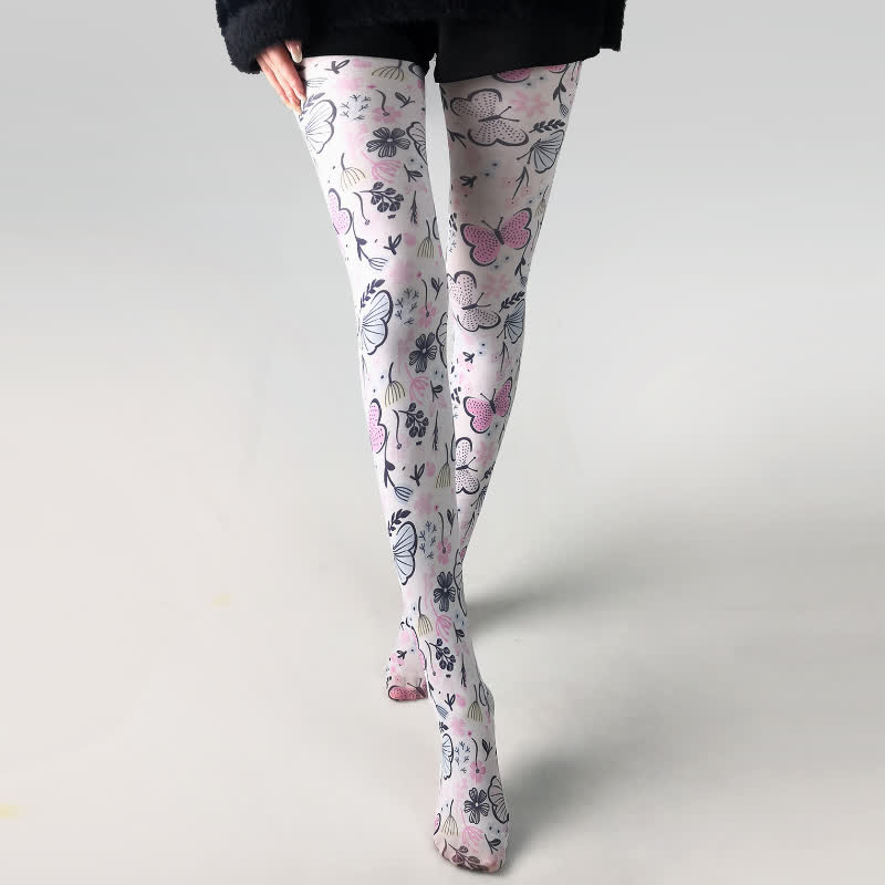 Collants blancs à imprimé floral papillon vintage - C - Une taille - image 3