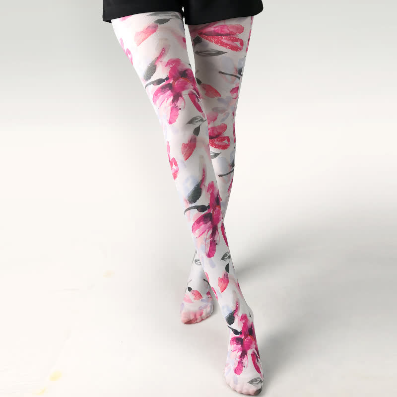 Collants blancs à imprimé floral papillon vintage - B - Une taille - image 3