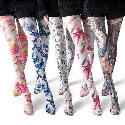 Collants blancs à imprimé floral papillon vintage - image 1