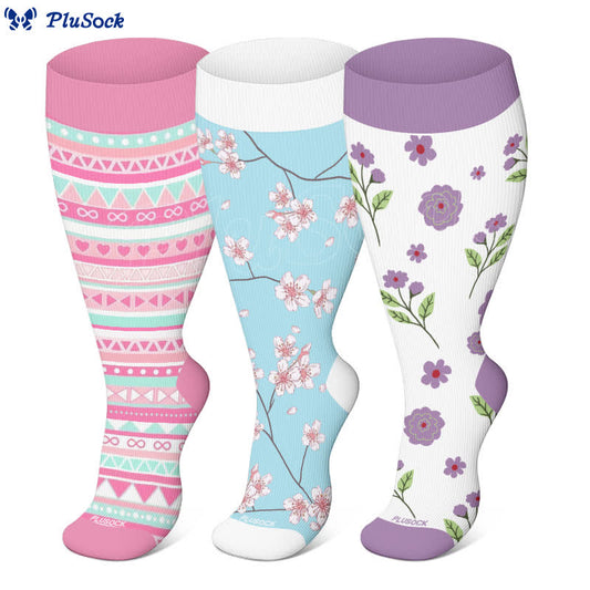 Chaussettes de compression à imprimé floral rayé grande taille (3 paires)