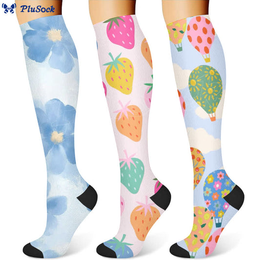 Chaussettes de compression à imprimé floral, fraise et montgolfière (3 paires) - image 1